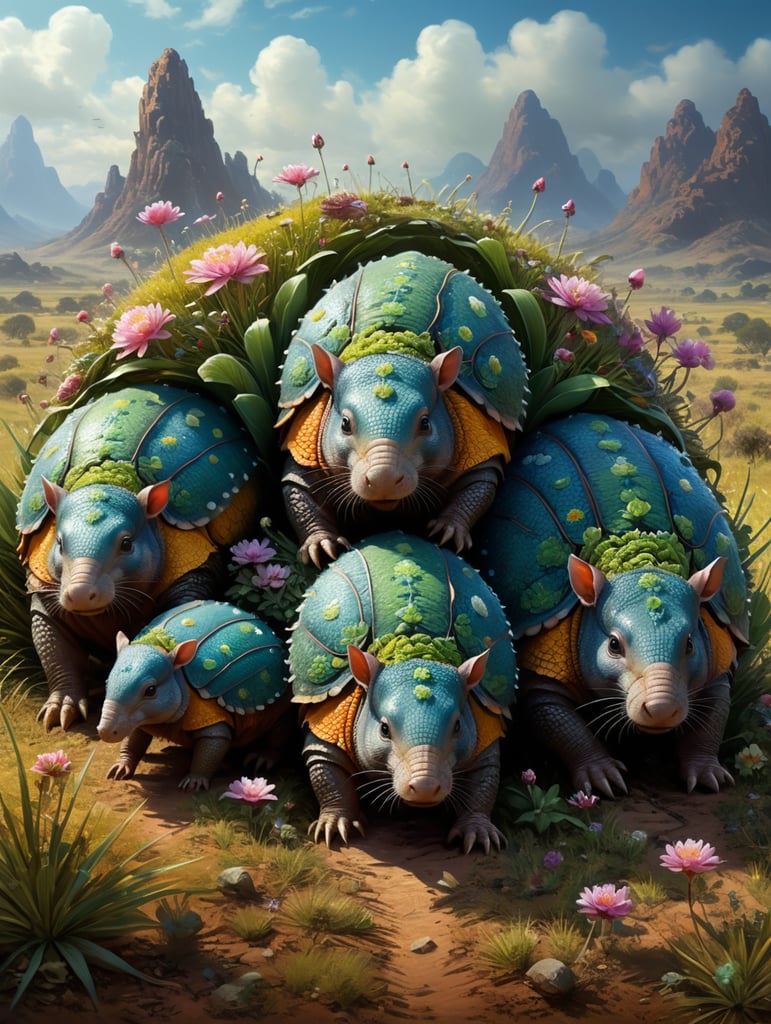 insanely detailed Mystic blossom Fairy Armadillo Family is laying in scrubby grassland, wrapped scrubby grassland", an intricate and hyperdetailed painting by Ismail Inceoglu, Huang CGSociety, ZBrush Central, modern art, digital art style""