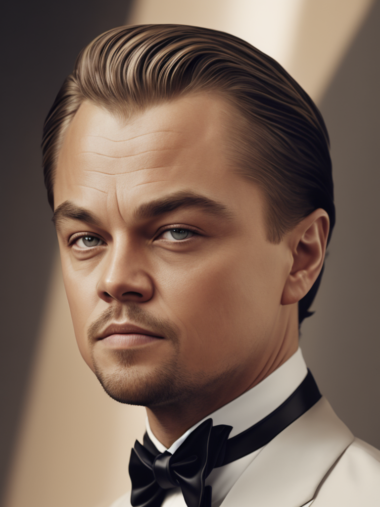 Portrait of Leonardo DiCaprio in a bow tie tuxedo, contrasting light, detailed face, muted tones