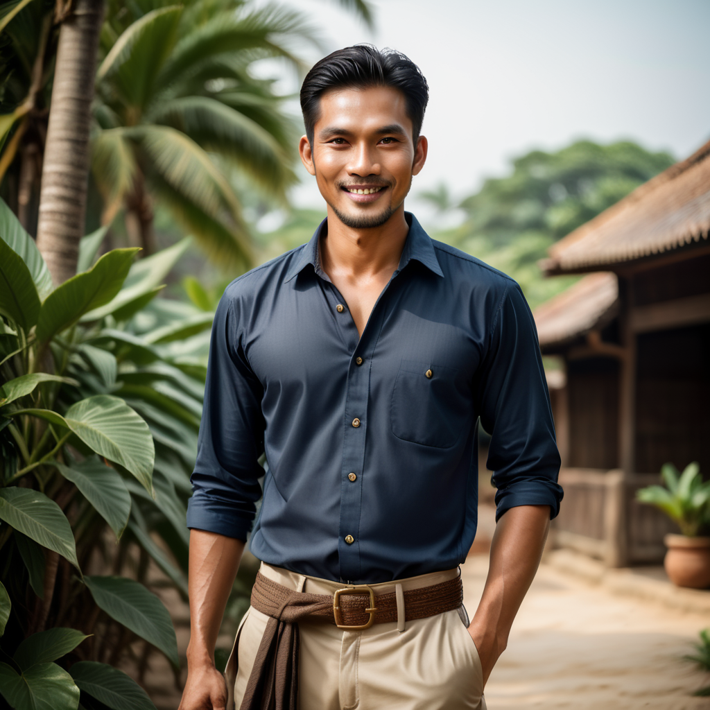 a tall and slender Thai man with dark skin. sharp face, long, narrow eyes, a straight nose, and thin lips. charming smile. wears traditional hunter's clothing, round hat, which consists of a round-necked shirt, a sarong wrapped around his waist, and loose-fitting pants.
