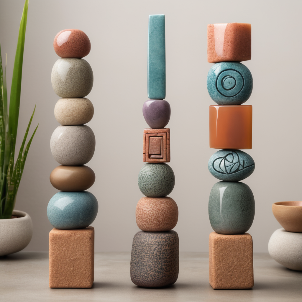 Tótem de cerámica de 5 figuras geométricas de materiales rocosos y en medio del Tótem una piedr de color vibrante en material semitraslucido. Mucho margen