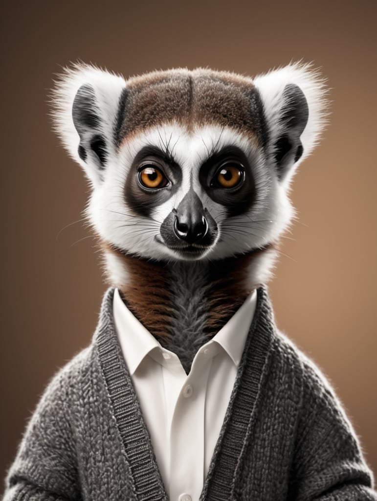 Lemur wearing a cardigan photoshoot headshot on a chestnut background, in the style of ultra detailed, cut and paste, dark gray and white, hd mod, determined faces, smooth edges