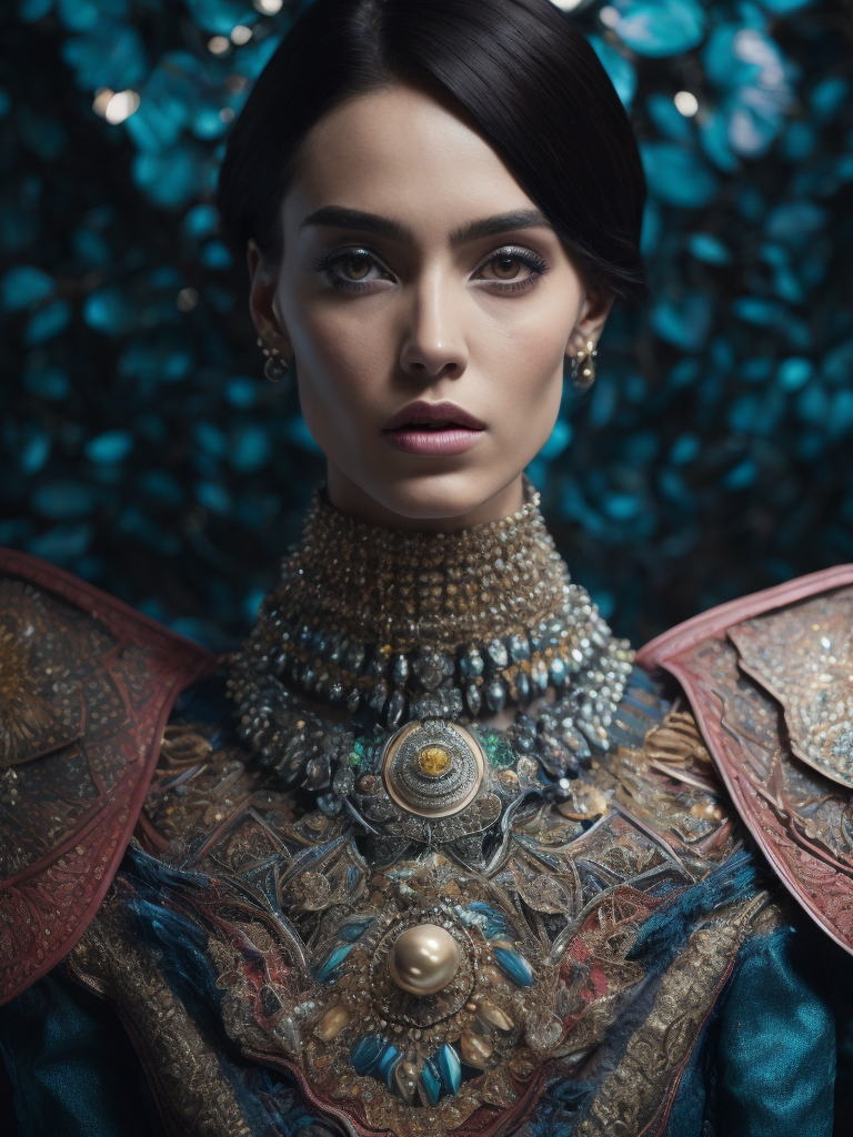 retrofuturistic massive huge jeweled necklace with huge diamonds and jewels on interplanetary interspecies male robot monster, horrific, terrifying, scary, mean. many spirder eyes, huge big jewel encrusted clothing, big pearls, precious gems. The set design is bold geometric patterns photographed by Romina Ressia, film still from wes Anderson, Gucci, Versace, givenchy, medium shot fashion, award winning photography, arty pose, fashion, diaphanous layered ultra haute couture, high definition, high resolution, bold vibrant colors , volumetric lighting, 8k, 3d render