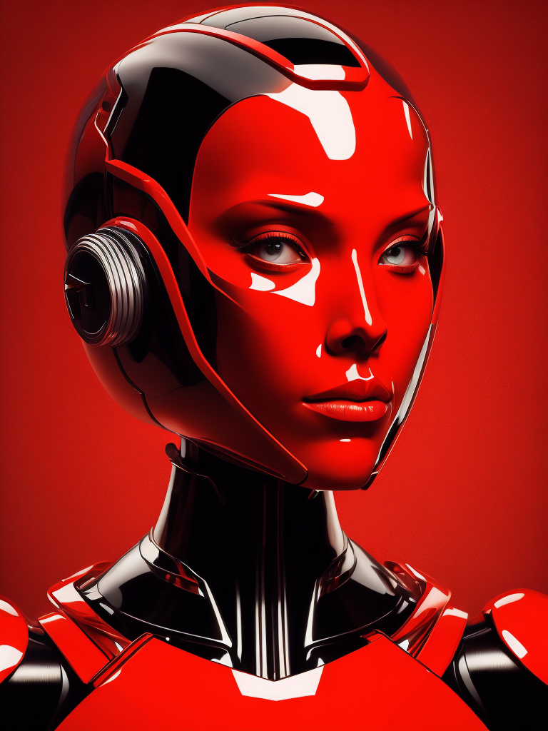 Portrait of an android girl made of red glossy material, sharp highlights, red background, Vivid saturated colors, Contrast color