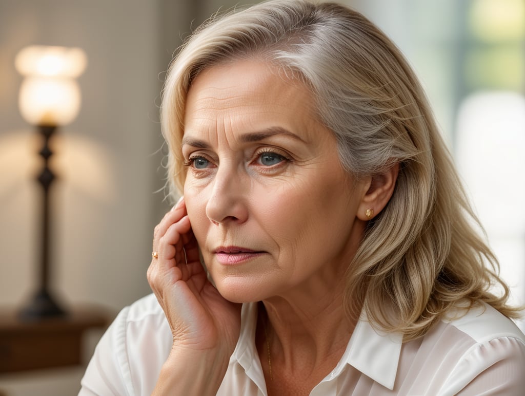 Blonde middle aged woman ponders on something keeps hand near face, white hair, white blouse, mature women, pretty old women, isolated, white background