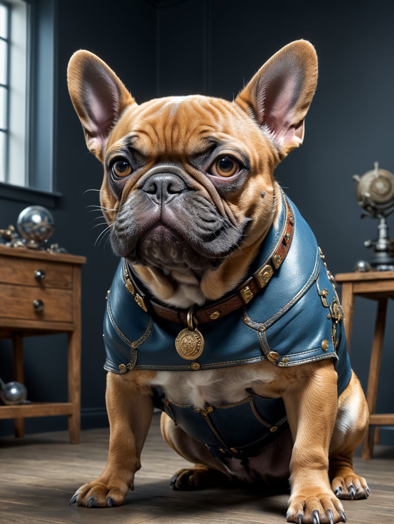 Blue and tan french bulldog with miscles looking cool standing in a plain studio