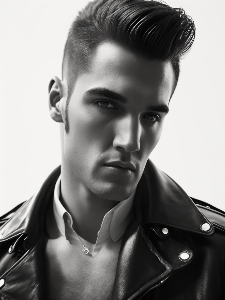 Portrait of a man with a haircut like Elvis Presley, leather jacket, black and white