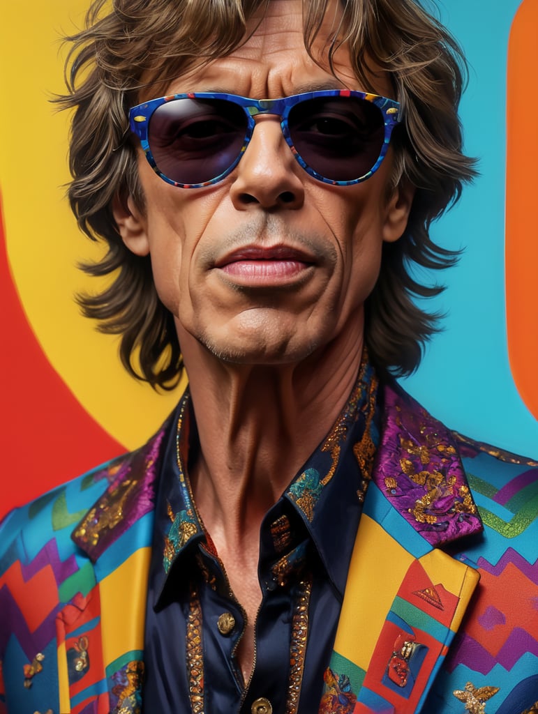 Mick Jagger wearing a brightly patterned jacket and wayfarer glasses, Vivid saturated colors, Contrast color