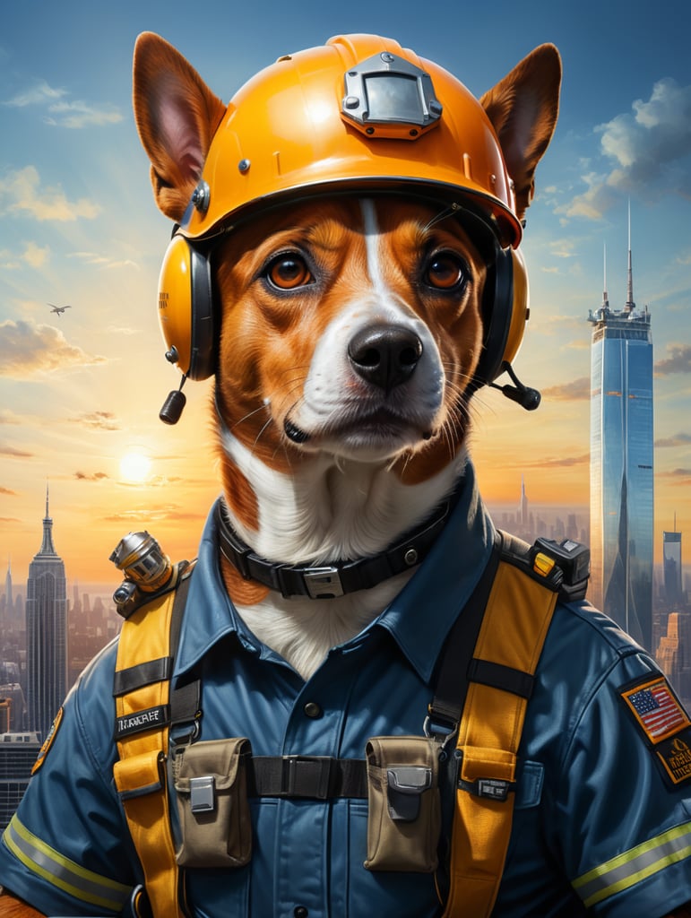 Photorealistic portrait of a jack russell dog in a security Skyscraper worker's outfit with helmet and tools, realism, He works on the edge of the void, New York in background, summer rising sun