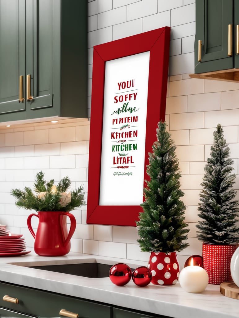 vertical picture frame mockup, cozy farmhouse kitchen, christmas decoration, red, white, green, christmas lights