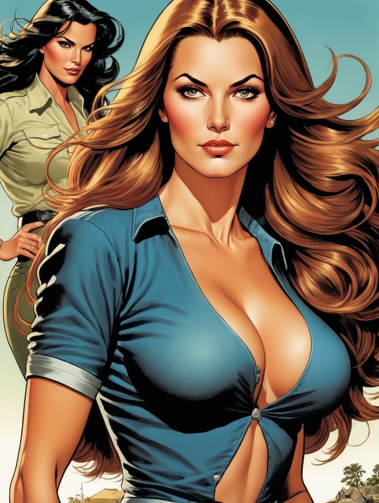 This artwork cover for a comic book of a beautiful mom with long hair by George Wilson is an eye-catching poster-style drawing and illustration representing the iconic pulp style.