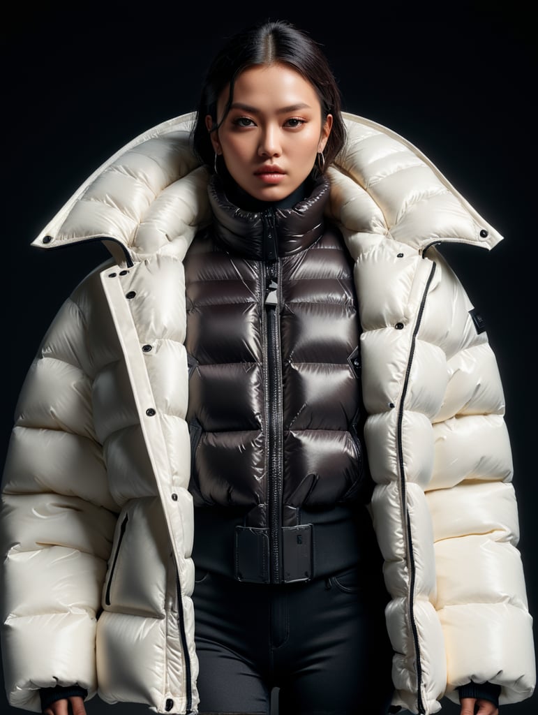 well lit fashion shoot portrait of extremely beautiful female wearing massively over size puffer jacket by craig green, dingyun zhang, yeezy, balenciaga, vetements, sharp focus, clear, detailed, , cinematic, detailed, off white, glamourous, symmetrical, vogue, editorial, fashion, magazine shoot, glossy