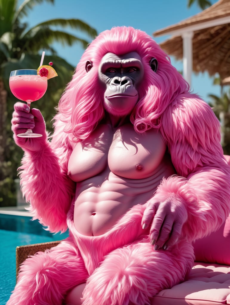 a pink gorilla with long pink hair and a big pink cocktail in her hands lounging on a stylish daybed next to a stylish pool on a sunny summer day