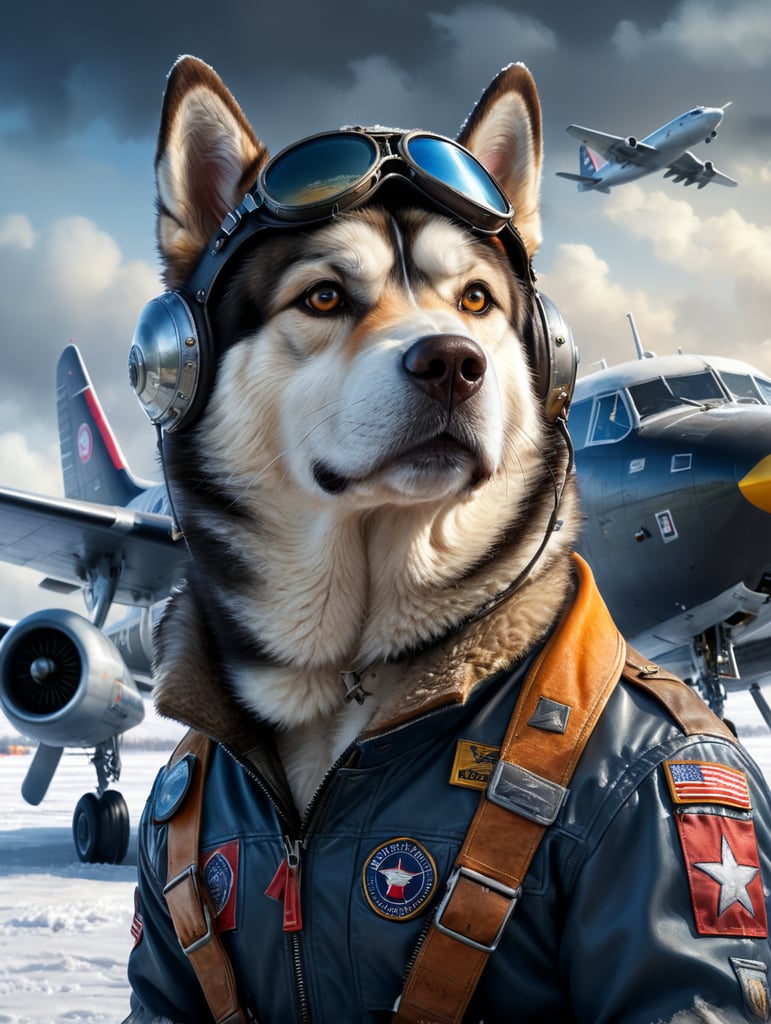 Photorealistic portrait of a malamute dog in a pilot's outfit, realism, a plane in the background, snow