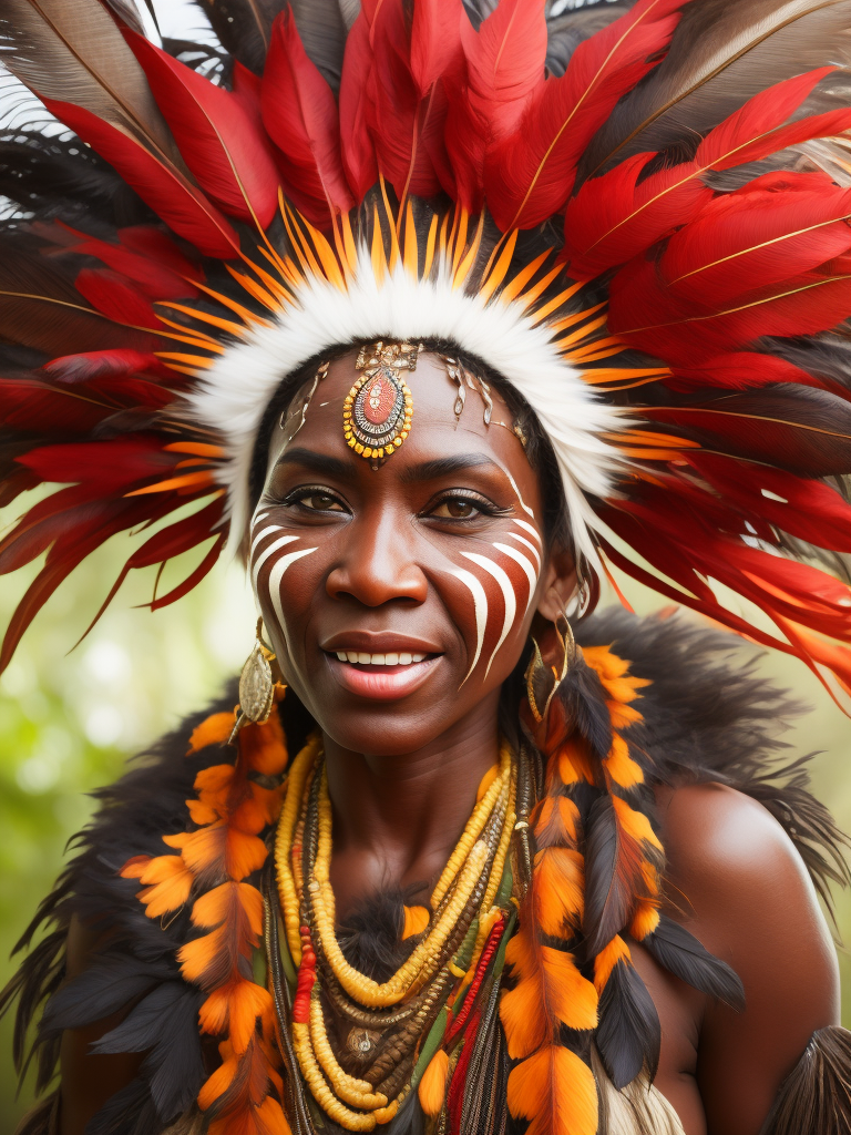 Papua New Guinea woman, vibrant feather head dress, different coloured feathers, chocolate brown dark background, intense light, depth of field, face paint, jungle background