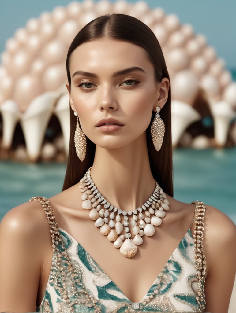 Model wearing diamond necklace, Sea shell inspired background patter, fashion gucci photography