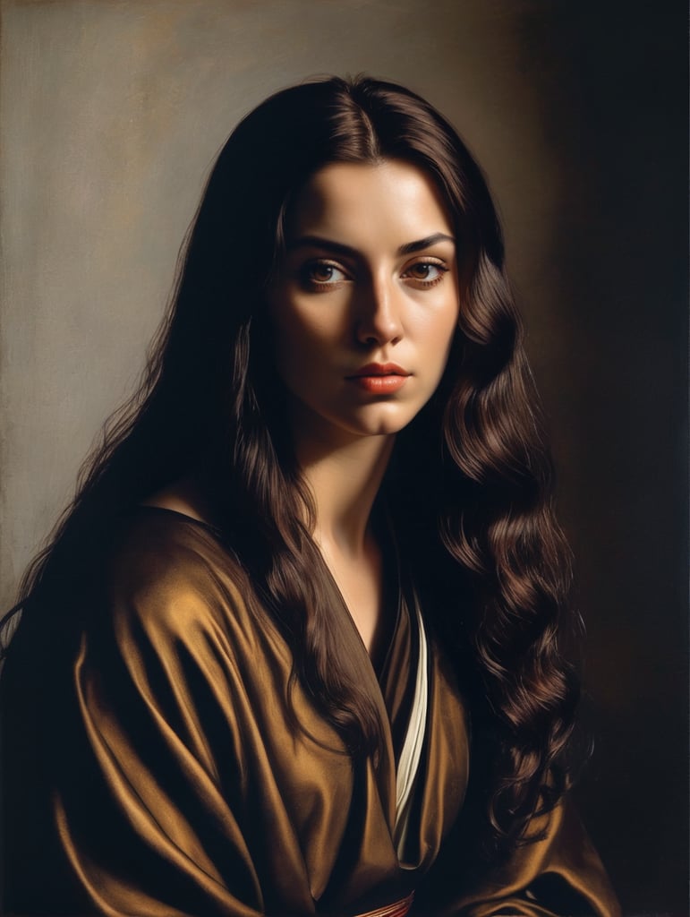 A masterpiece portrait by Caravaggio of a beautiful saint woman, straight hair