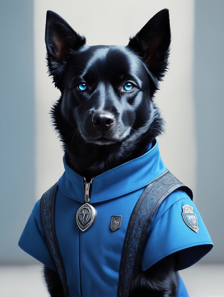 anthromorphic furry black dog, black hair, blue streaks, blue clothes, digital art