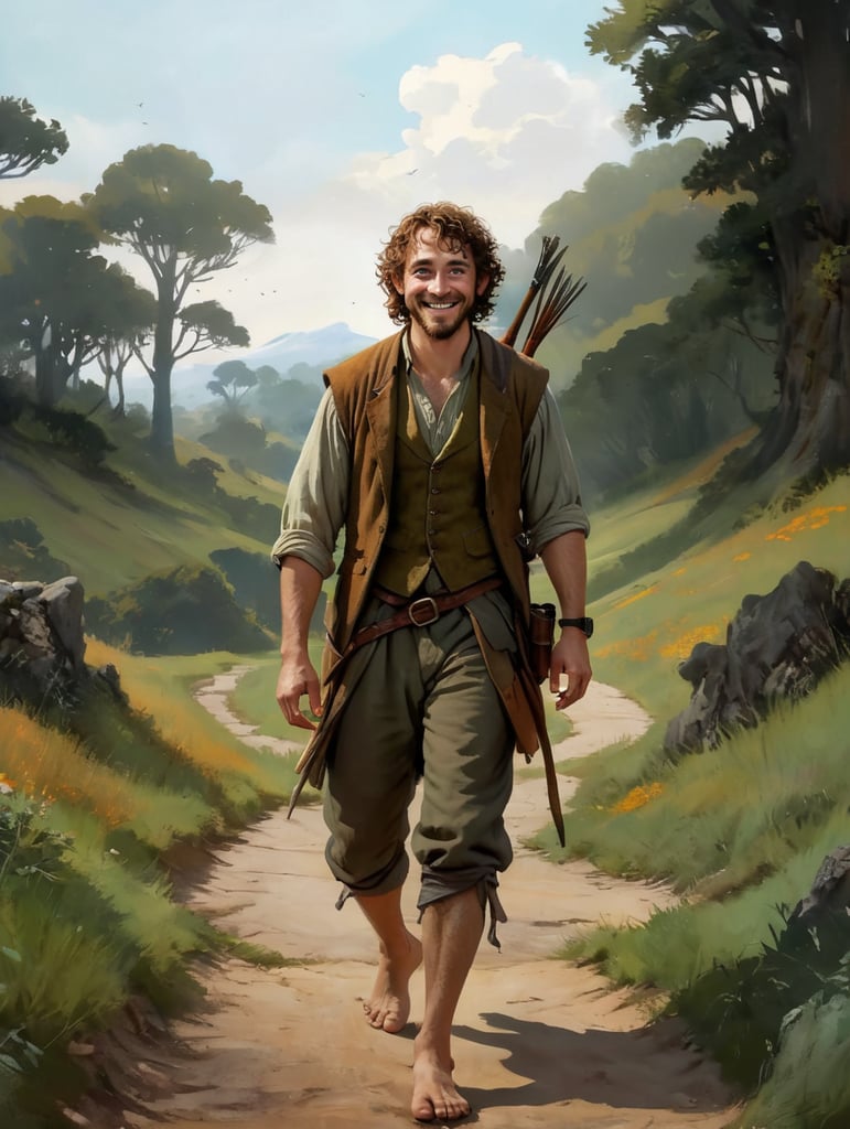 Hobbit man, barefoot, weed pipe, male, man, short, curly brown hair, big smile, freckles, hobbit, fantasy, lord of the rings, tolkien, barefoot, hobbit clothes, the shire, lord of the rings movies, smart, intelligent, happy, cloak, cowl, hunter bow, bounty hunter, leather vest, stealthy, spy, secret, rogue