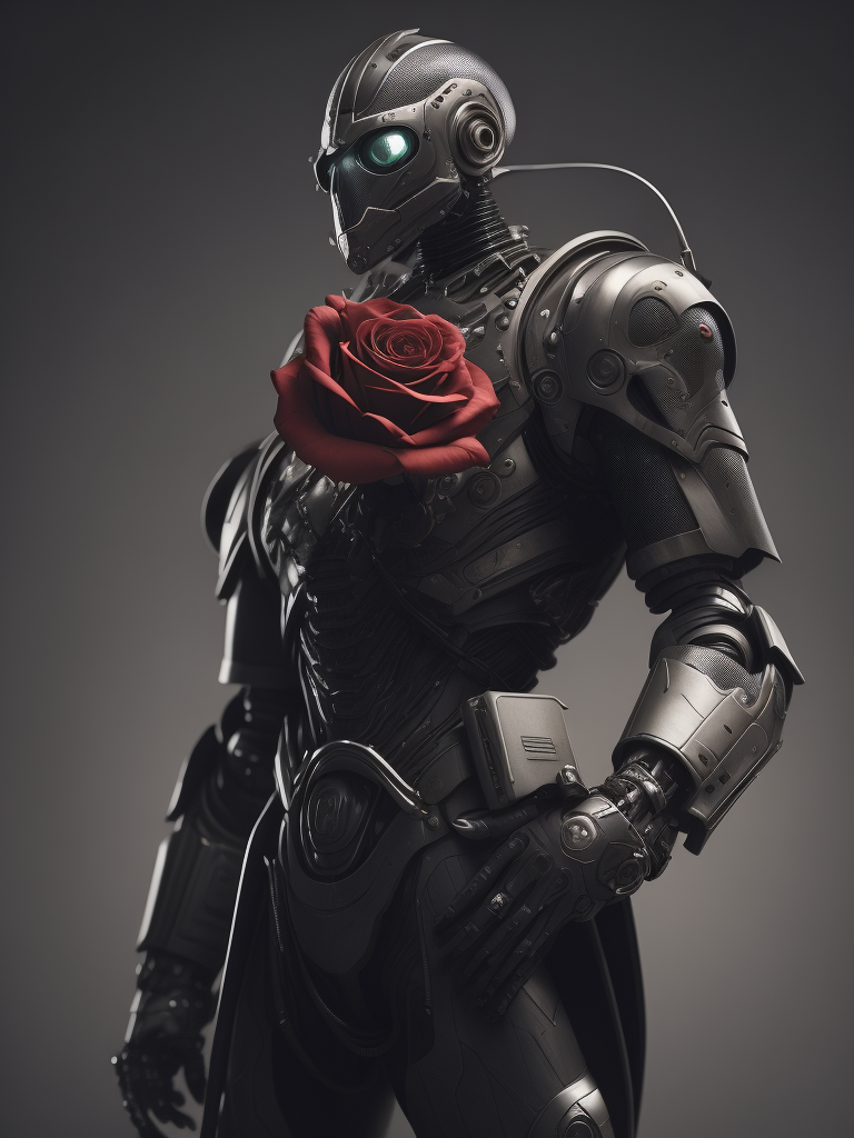 Portrait of a robot detective, holding a rose in his hand
