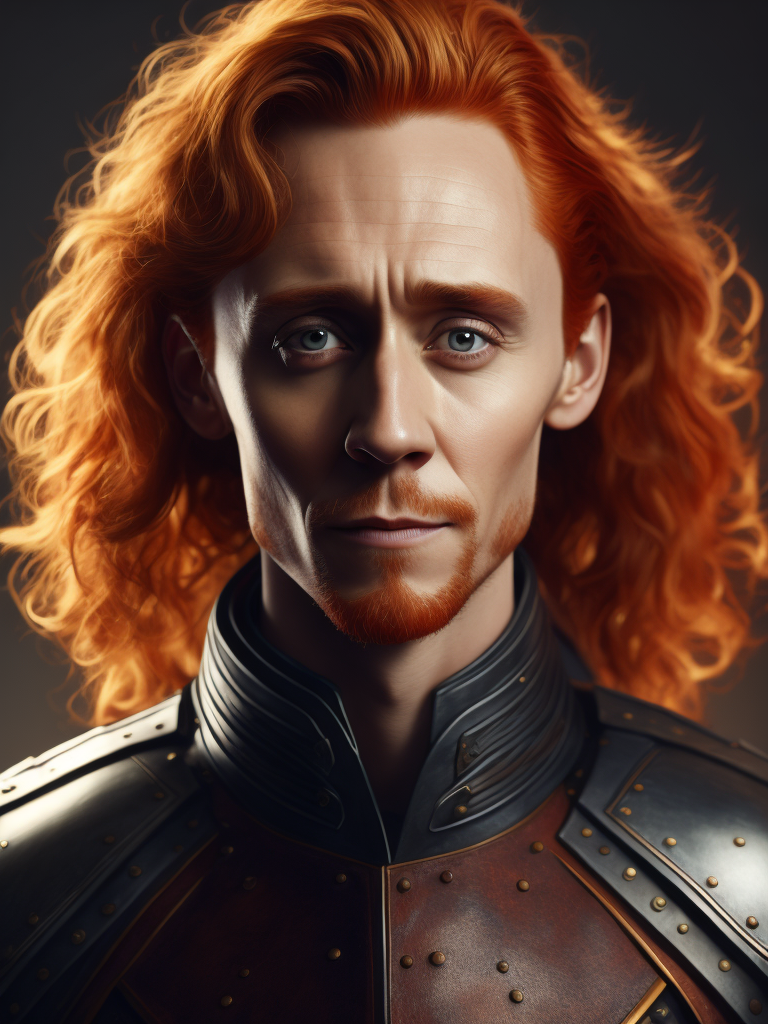 Portrait of Tom hiddleston with red hair in medieval style, detailed face, contrasting light