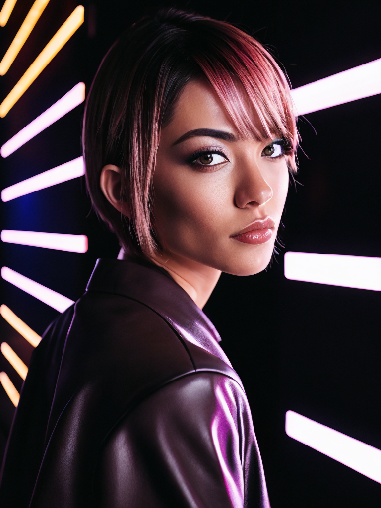 A women with a short black hair, stands near neon light illumination ad, looks on camera, cinematic shot