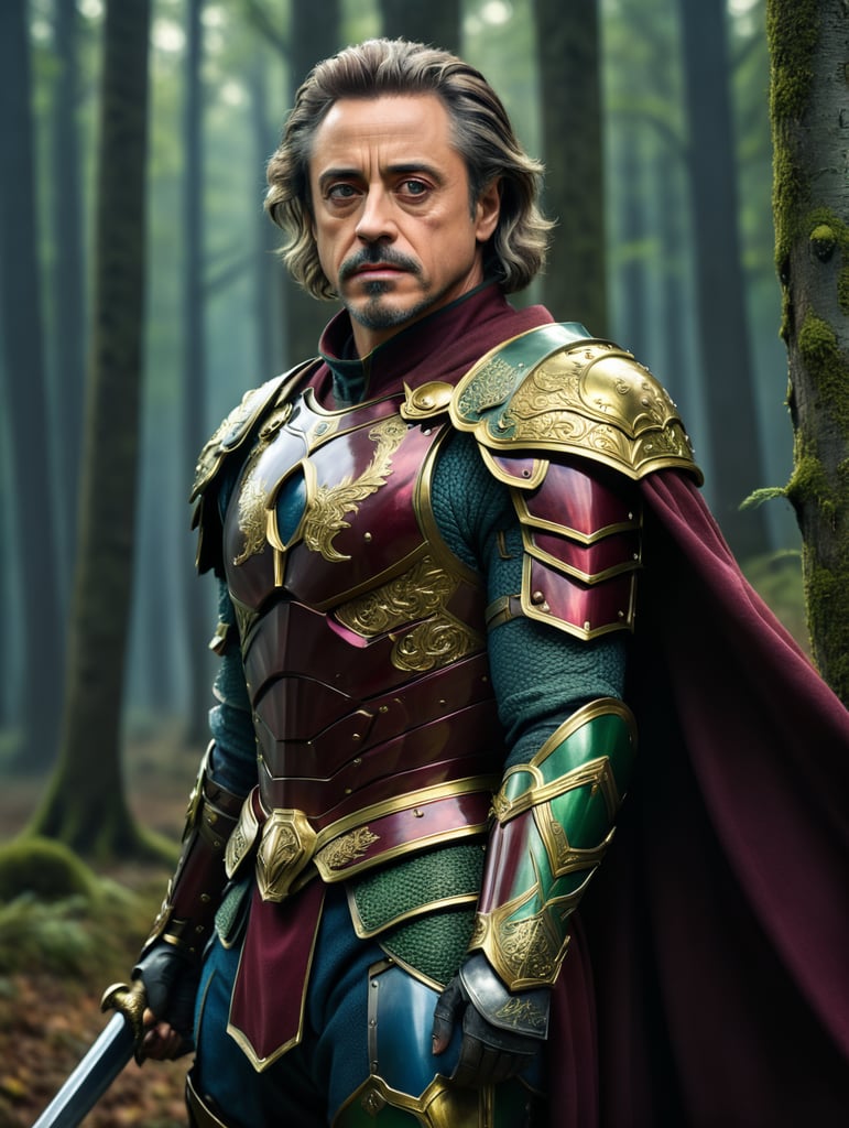 30 years robert downey jr in green-gold medieval armor, gray short hair whit only mustache against the backdrop of a forest in blue-burgundy tones, blurred background, focus on the men, detailed armor, Dramatic Lighting, Depth of field, Incredibly high detailed