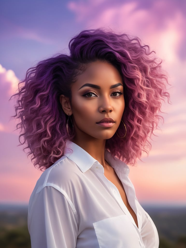 a woman with afro hair and a white shirt is standing in front of a purple sky with clouds and a pink hair, upperbody, midriff, Brom, flat colors, a character portrait, digital art, dark-skinned_female, dark_skin, navel_piercing, off_shoulder, pink_hair, purple_background, sky, long_hair