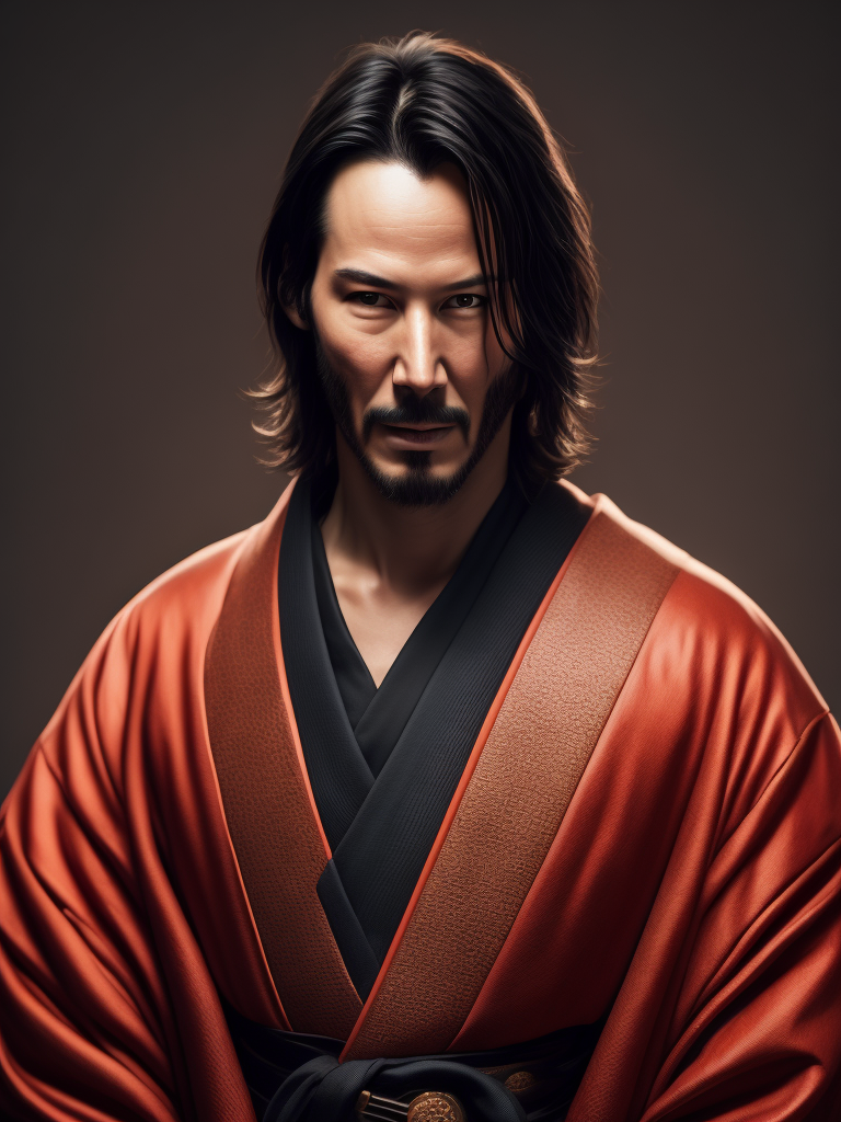 Portrait of Keanu Reeves as a samurai in a red kimono, serious look, detailed background in an oriental style, bright saturated colors