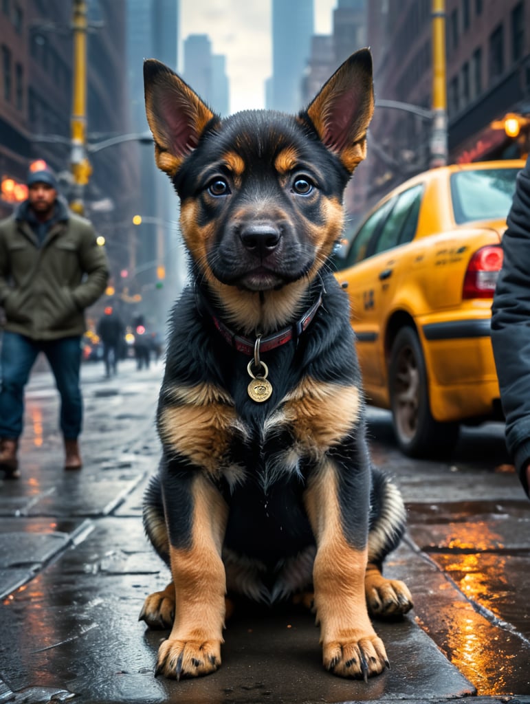 Pitbull German Shepherd mix puppy, looking for its mother on the streets of New York City busy street in the cold