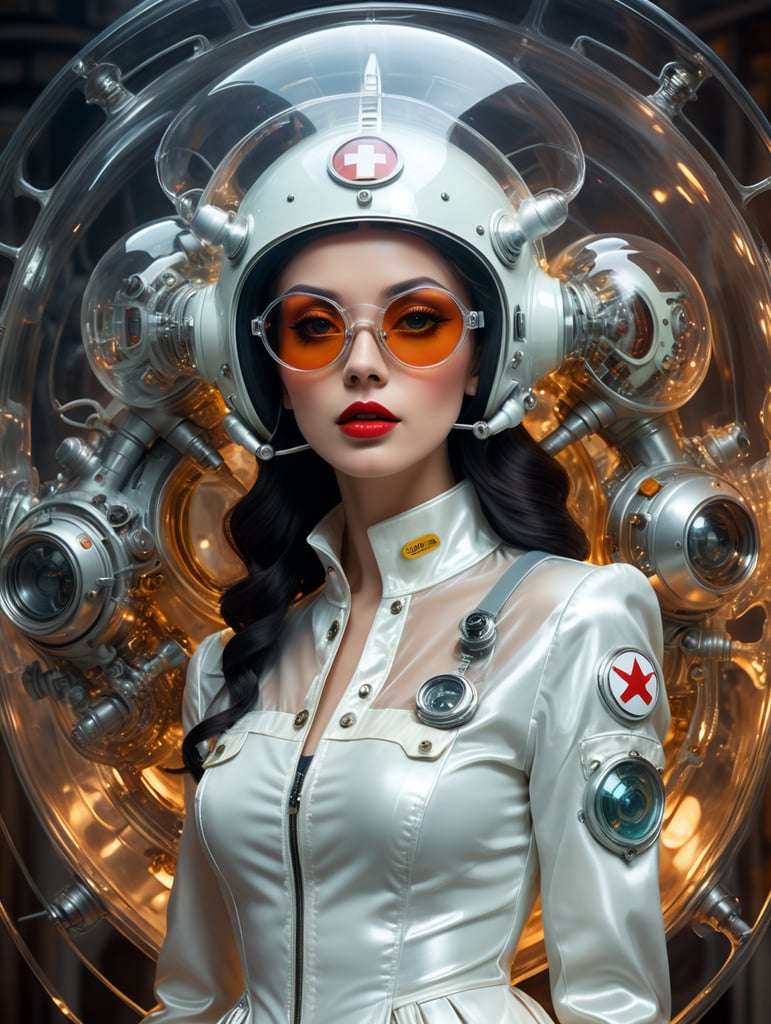 Photography in a vintage sci fi transparent space ship, 60's gorgeous nurse woman in a glossy satin white coat, wearing a large transparent plexiglass mickey mouse helmet glasses, 80 degree view, art by sergio lopez, natalie shau, james jean and salvador dali