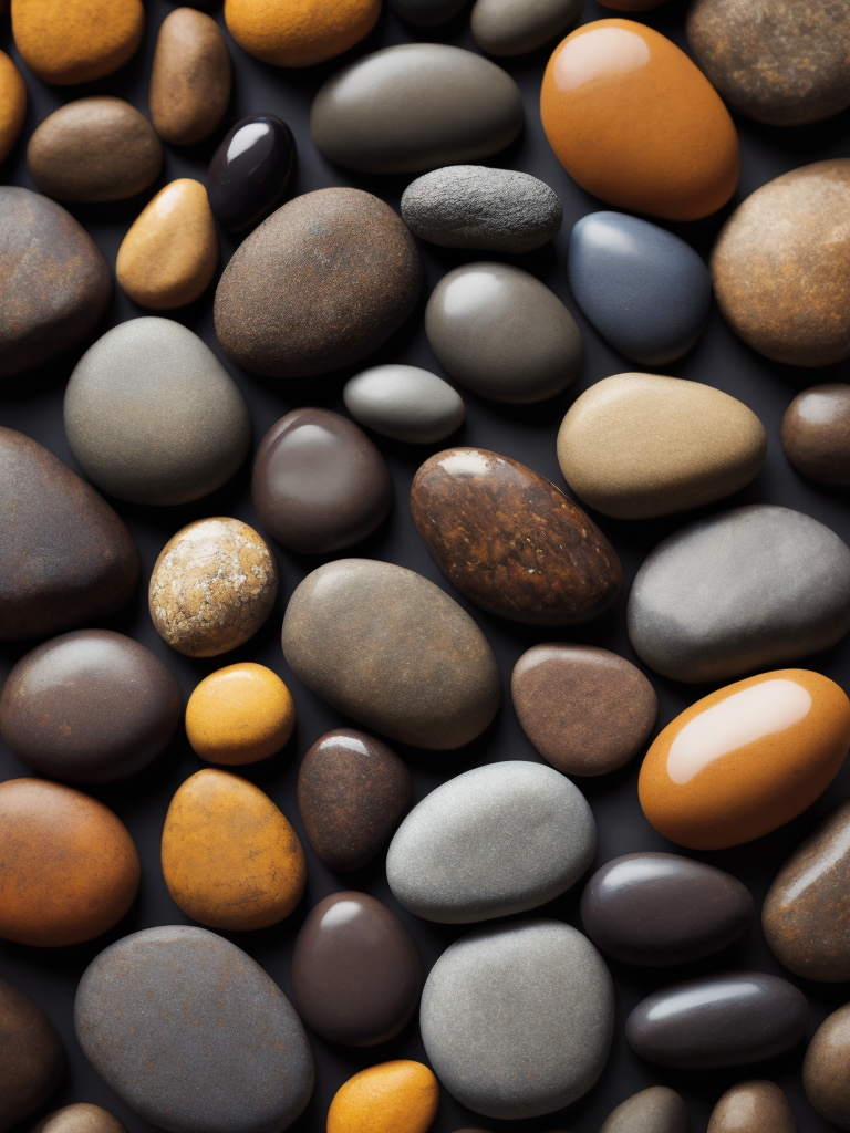 Texture of stones, pattern, background, top view, organic texture, seamless texture, scattered stones, gray and brown colors, deep colors, contrast lighting, voluminous stones, stones lie on top of each other, closely stacked stones