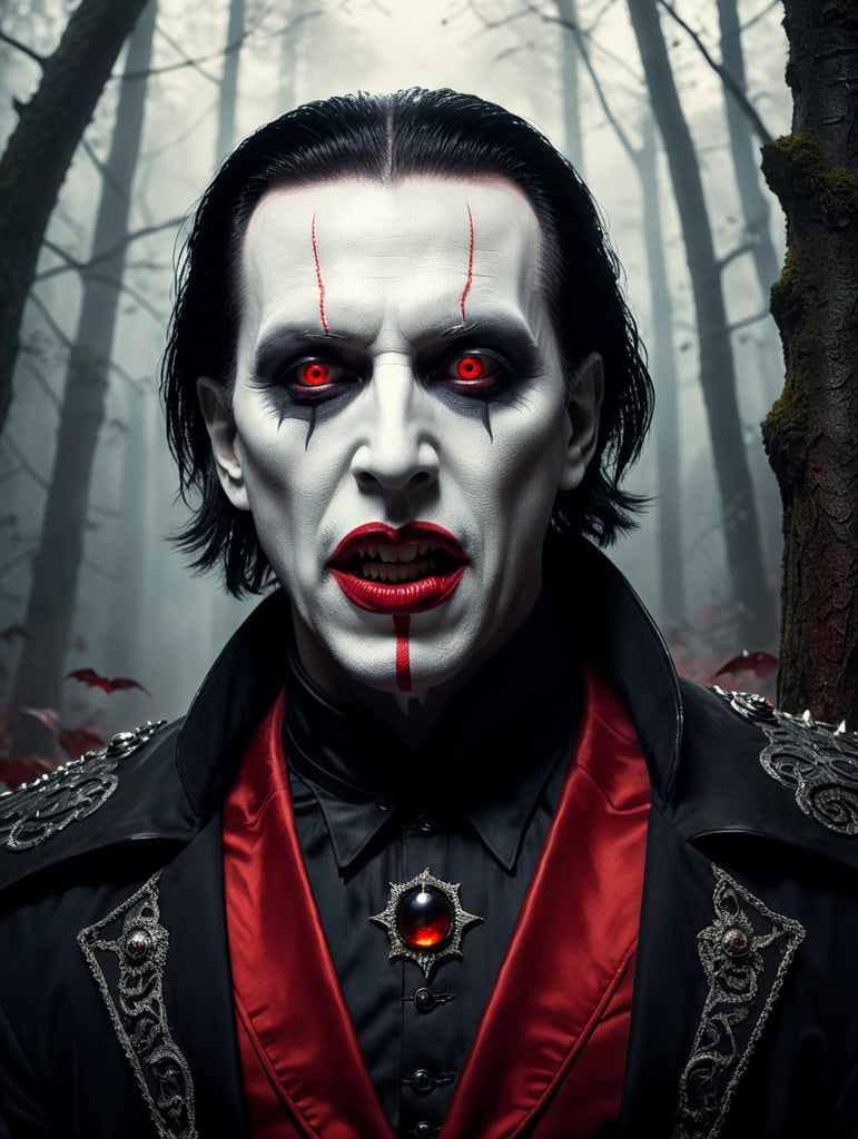 Marilyn Manson in a Dracula Halloween costume, scary face makeup, dark atmosphere, vintage style, red and black colors, high detail photo, professional photo shot, against the backdrop of an old creepy dark forest, contrasting light, bright colors, dark atmosphere