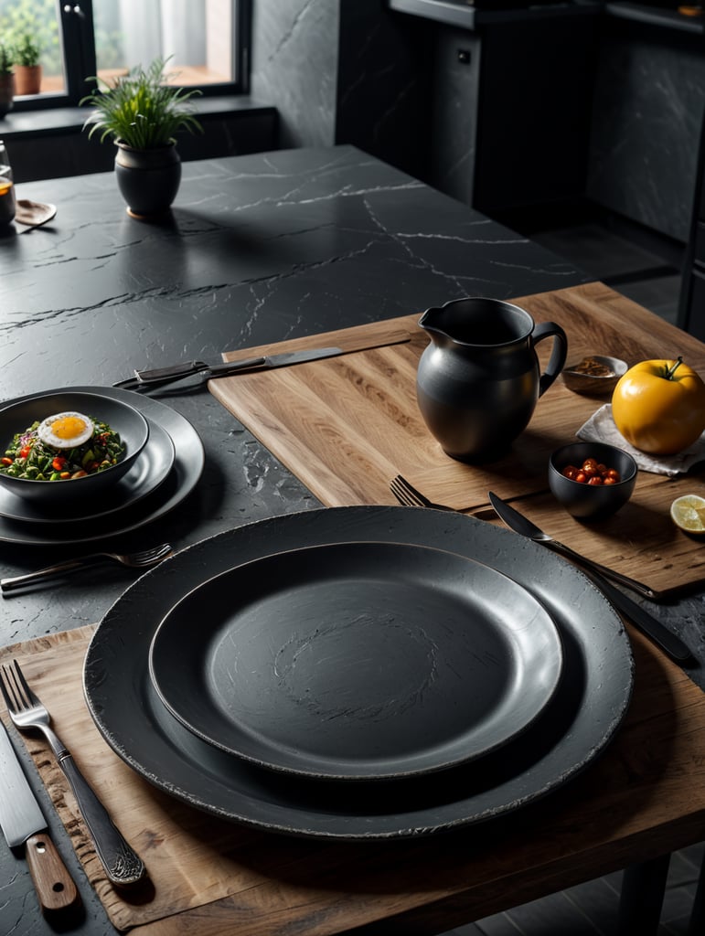 modern kitchen table, empty plate, mockup