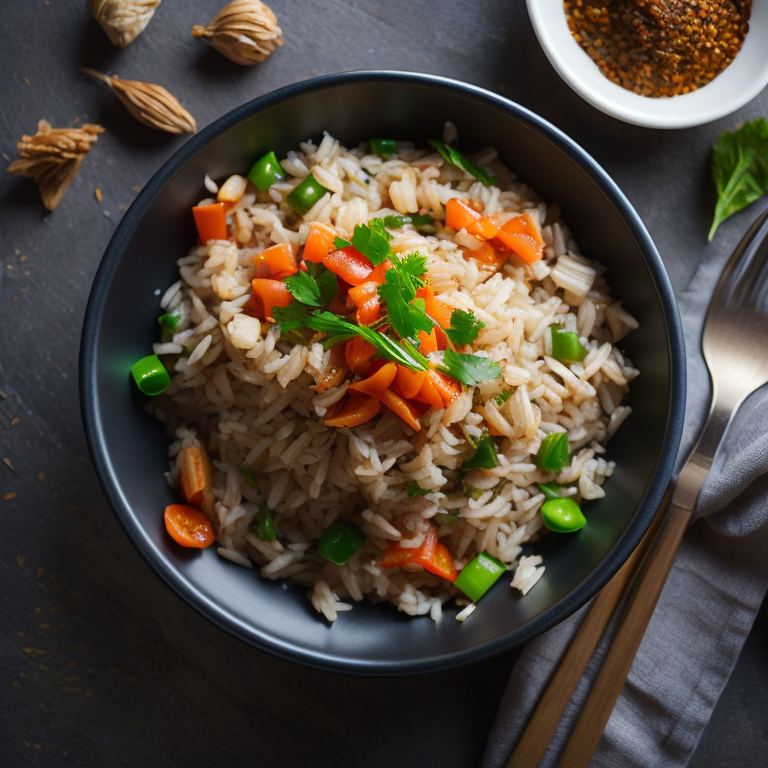 top view, thai style fried rice, shredded chicken, diced carrots, red pepper, green onions, bamboo shoot strips, chilli flakes, ginger, thai basil, unreal engine 5, very realistic, very detailed, realistic photography, 4k, 85 – mm – lens, sharp – focus, intricately – detailed, f 8, ISO 100, shutter – speed 1 125, diffuse – back – lighting, award – winning photograph, elle, small – catchlight, low – contrast, High – sharpness, depth – of – field, ultra – detailed photography, raytraced, global illumination