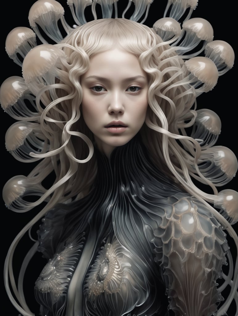 Jellyfish girl, image in the style of Iris van Herpen, black background