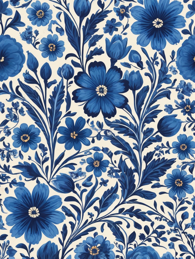 Seamless pattern beautiful floral pattern with blue flowers in the background, in the style of polish folklore motifs, juliana nan, mexican folklore - inspired, tivadar csontváry kosztka, clara peeters, texture exploration, blue color scheme, blue pallete, amoled, 264k render HD