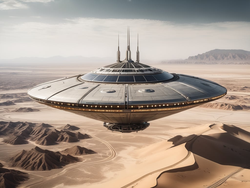 Spaceship, floating above ground, cables, futuristic, desert