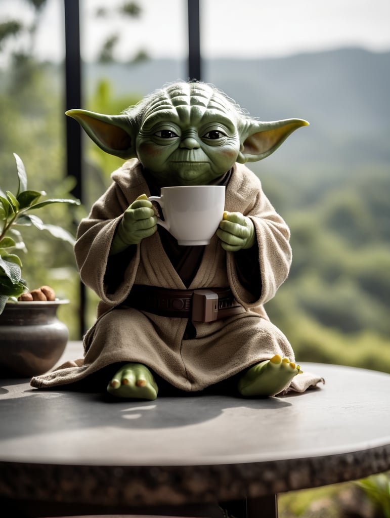 yoda toy drinking coffee on far away planet