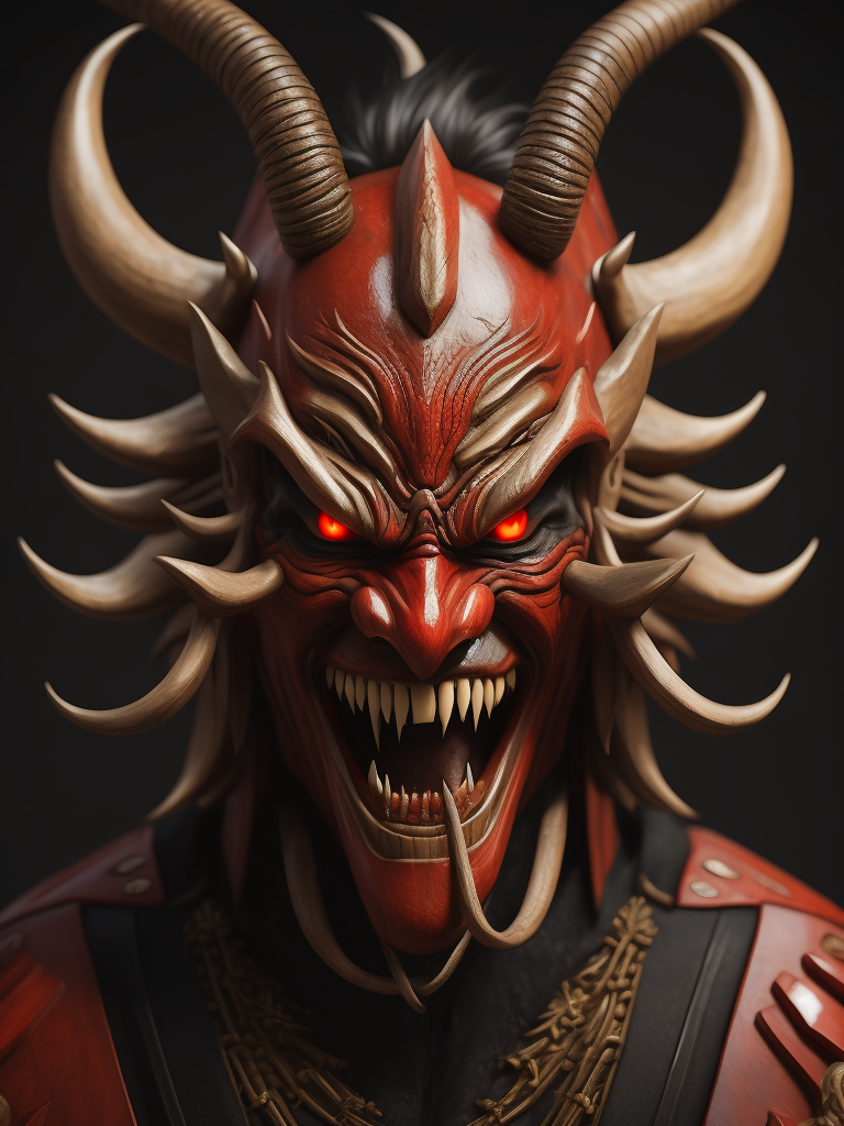 wooden red japanese demon mask with fangs and horns, black background, aggressive, Depth of field, Incredibly high detail