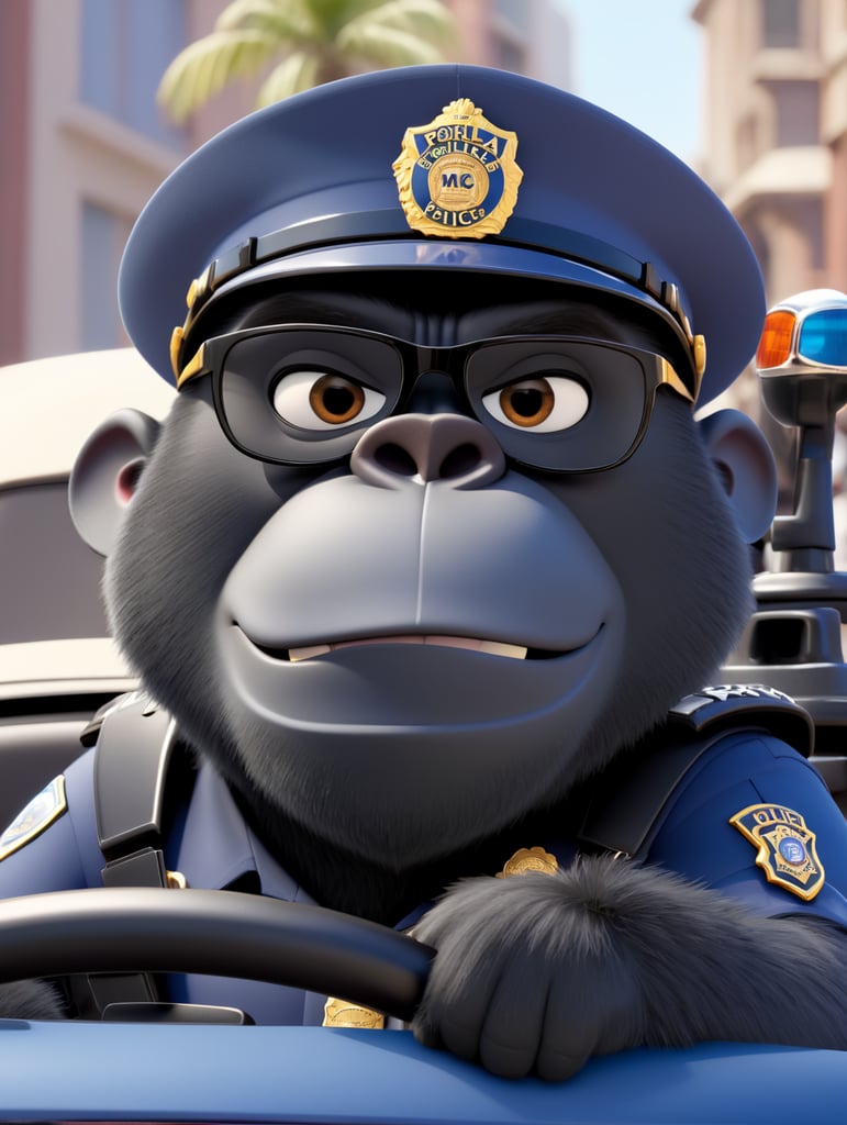 Gorilla police officer, sitting behind the wheel of a police car, close-up shot, sunglasses, clipart, stock photo