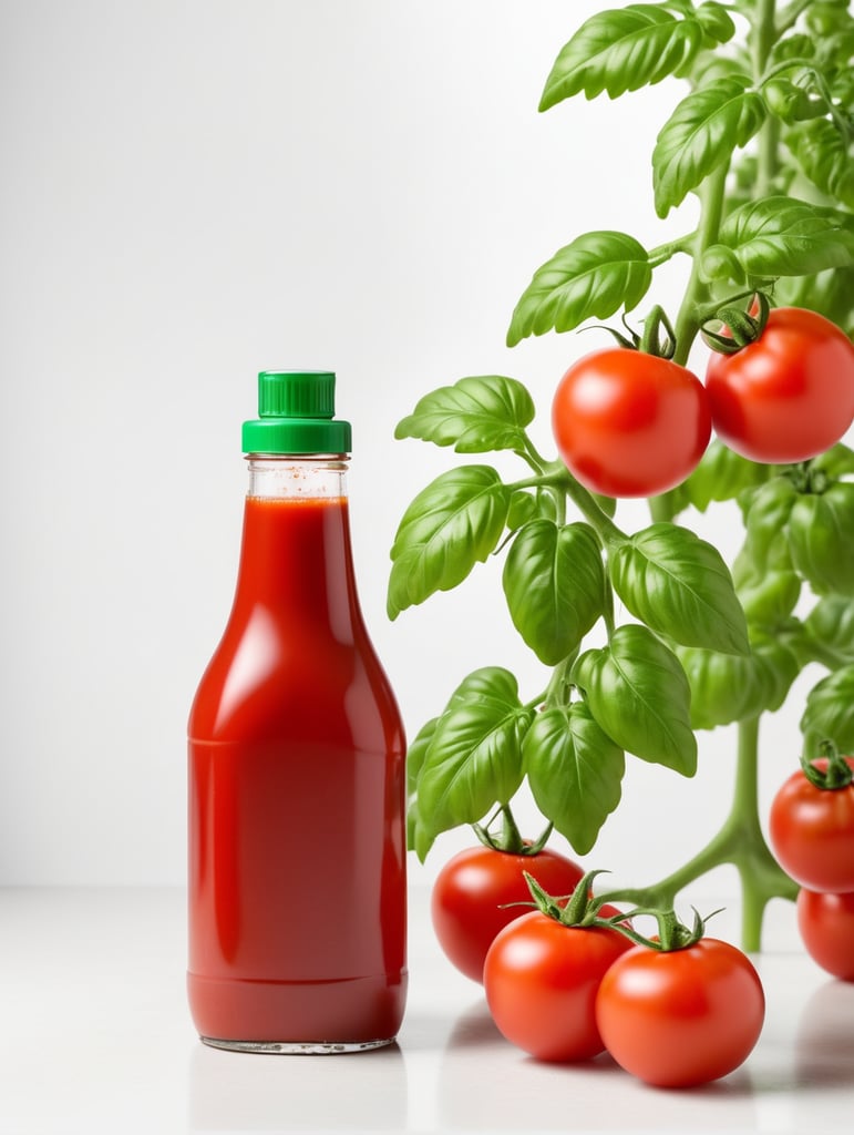 tomato ketchup bottle, red tomato with green leaves, isolated, white background