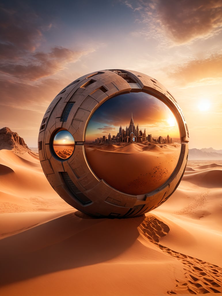 desert background light brown sand with futuristic building sphere form in sunrise, portrait size, 4k