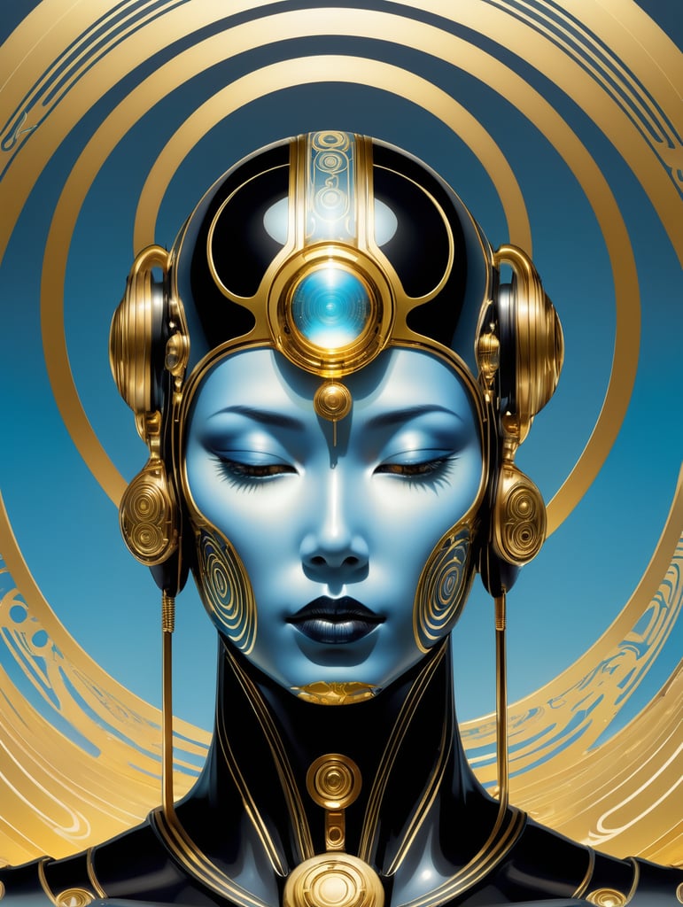 a black and gold illustration with abstract space rings and a cybernetic humanoid with a halo, in the style of yoshitoshi abe, light blue and gold, fluid lines and curves, otherworldly paintings, ritualistic masks, ultrafine detail