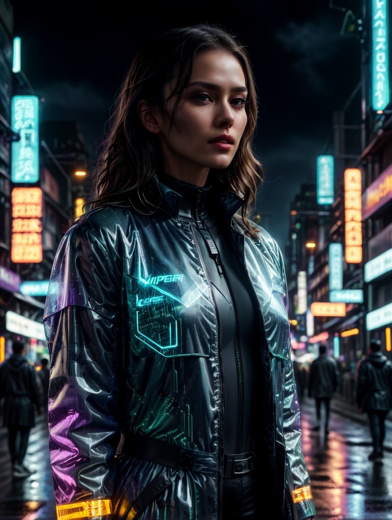 A women wearing translucent coat, standing on a street, neon cyber city, dark night, neon signs
