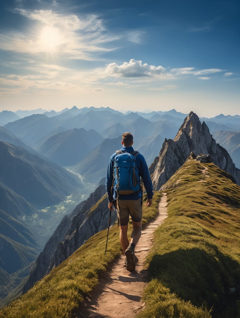 Man hiking in a mountain, brilliant blue sky, serene, peaceful, majestic, high detail, landscape, ultra hd, matte painting, highly detailed, concept art, contrast light, deep colors