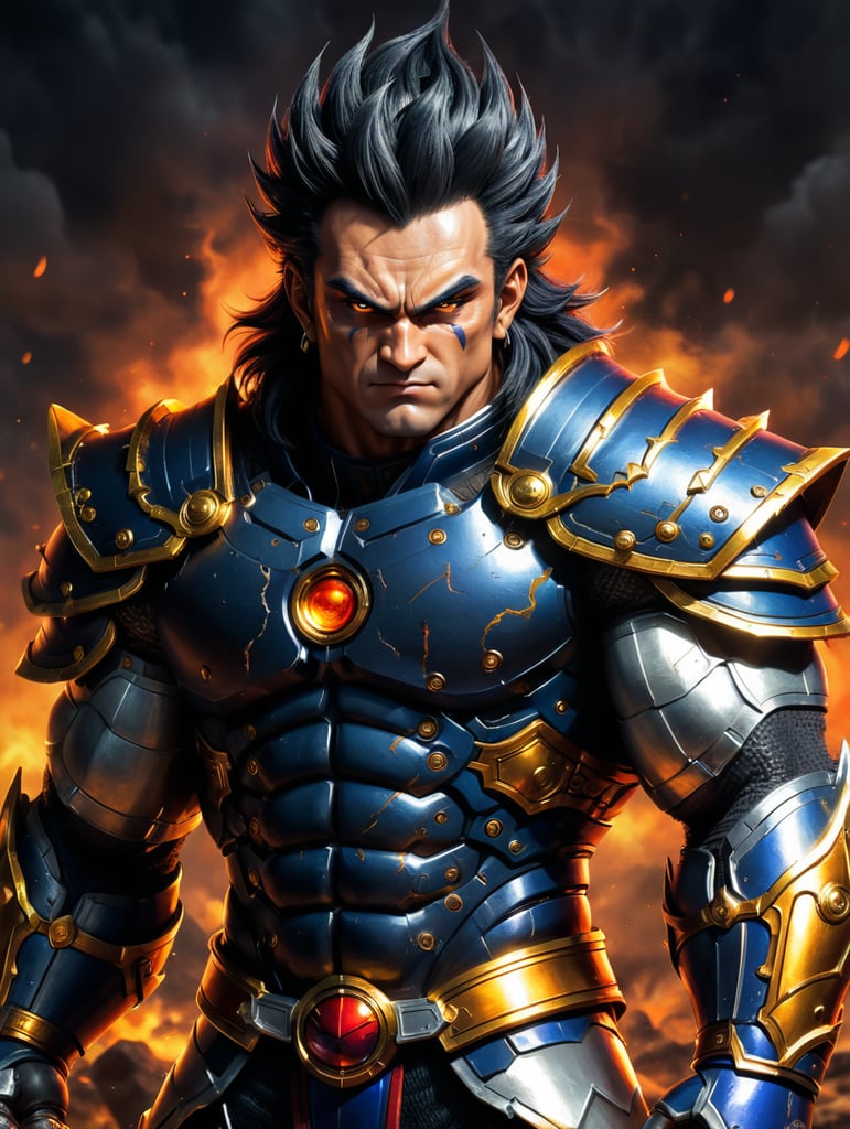 Garlisk is a Saiyan with wild dark hair, piercing dark eyes, and a masculine-toned body. He often dons traditional Saiyan armor, showcasing his heritage and pride.