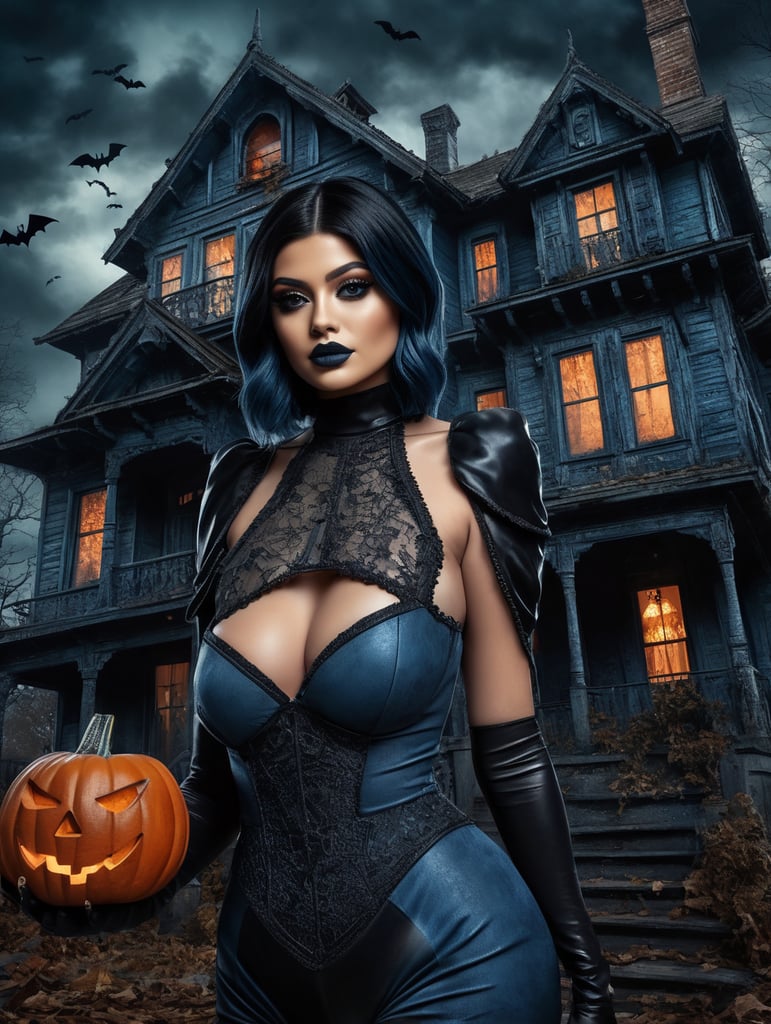 Kylie Jenner in a Halloween costume, scary makeup on her face, dark atmosphere, vintage style, blue and black colors, highly detailed photo, professional photo, against the backdrop of an old creepy house