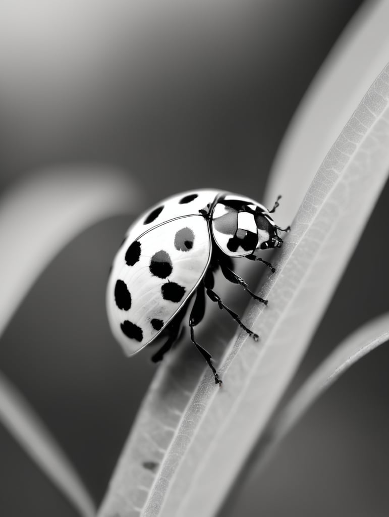 Pretty ladybird on a leaf black and white image