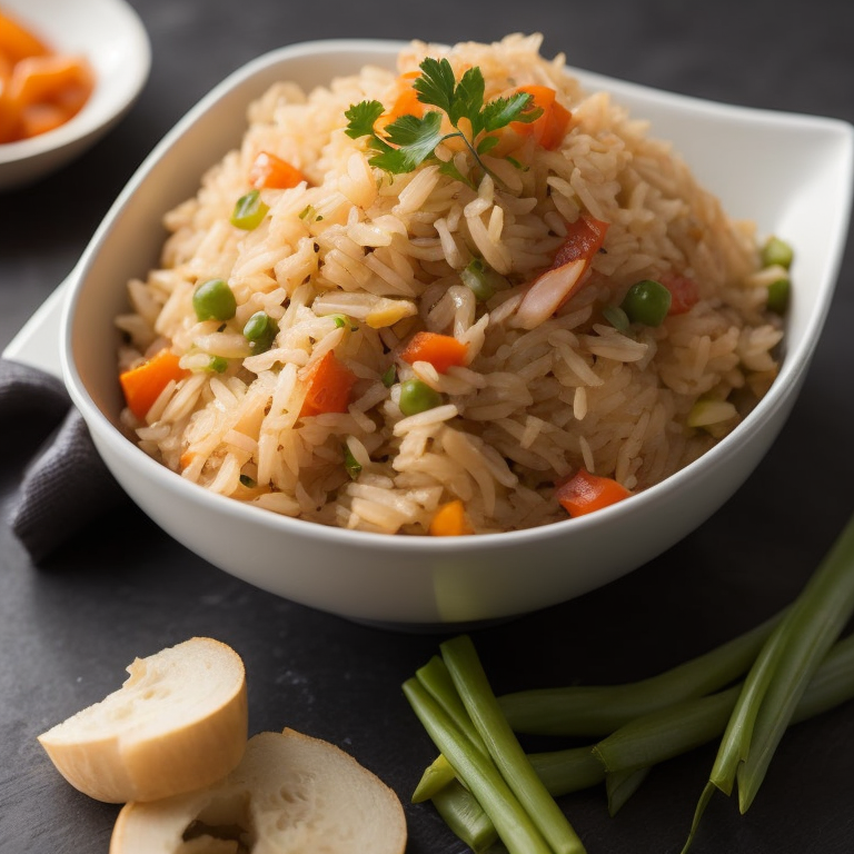top view, thai style fried rice, shredded chicken, diced carrots, red pepper, green onions, bamboo shoot strips, chilli flakes, ginger, thai basil, unreal engine 5, very realistic, very detailed, realistic photography, 4k, 85 – mm – lens, sharp – focus, intricately – detailed, f 8, ISO 100, shutter – speed 1 125, diffuse – back – lighting, award – winning photograph, elle, small – catchlight, low – contrast, High – sharpness, depth – of – field, ultra – detailed photography, raytraced, global illumination