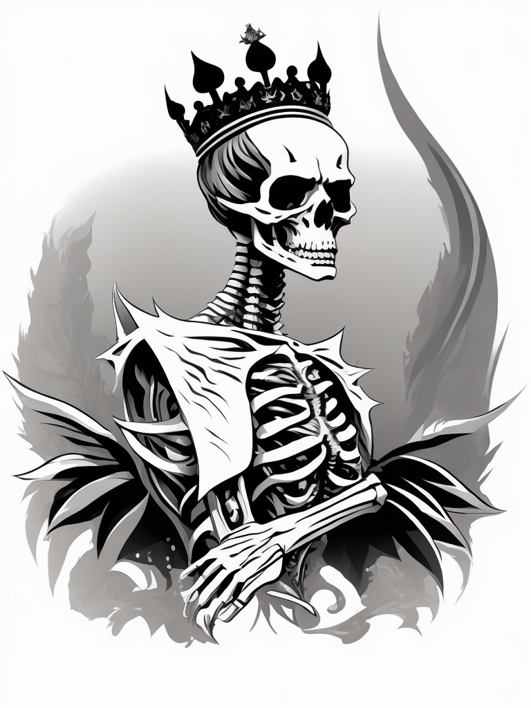 A vector art of a queen skeleton tattoo, linocut, white background, albrecht durer